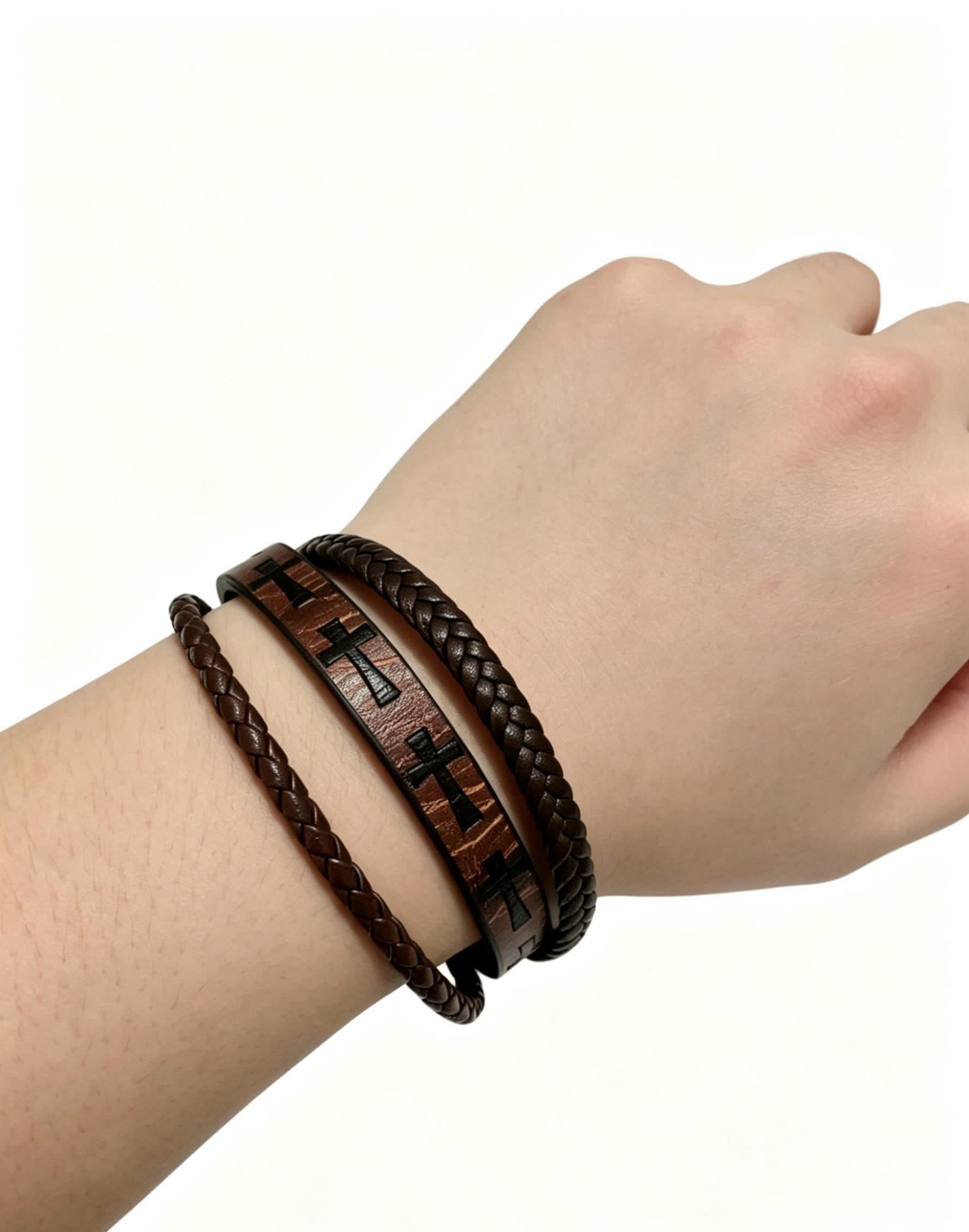 Chrome Hearts Men's Brown Leather Bracelet with Cross Design